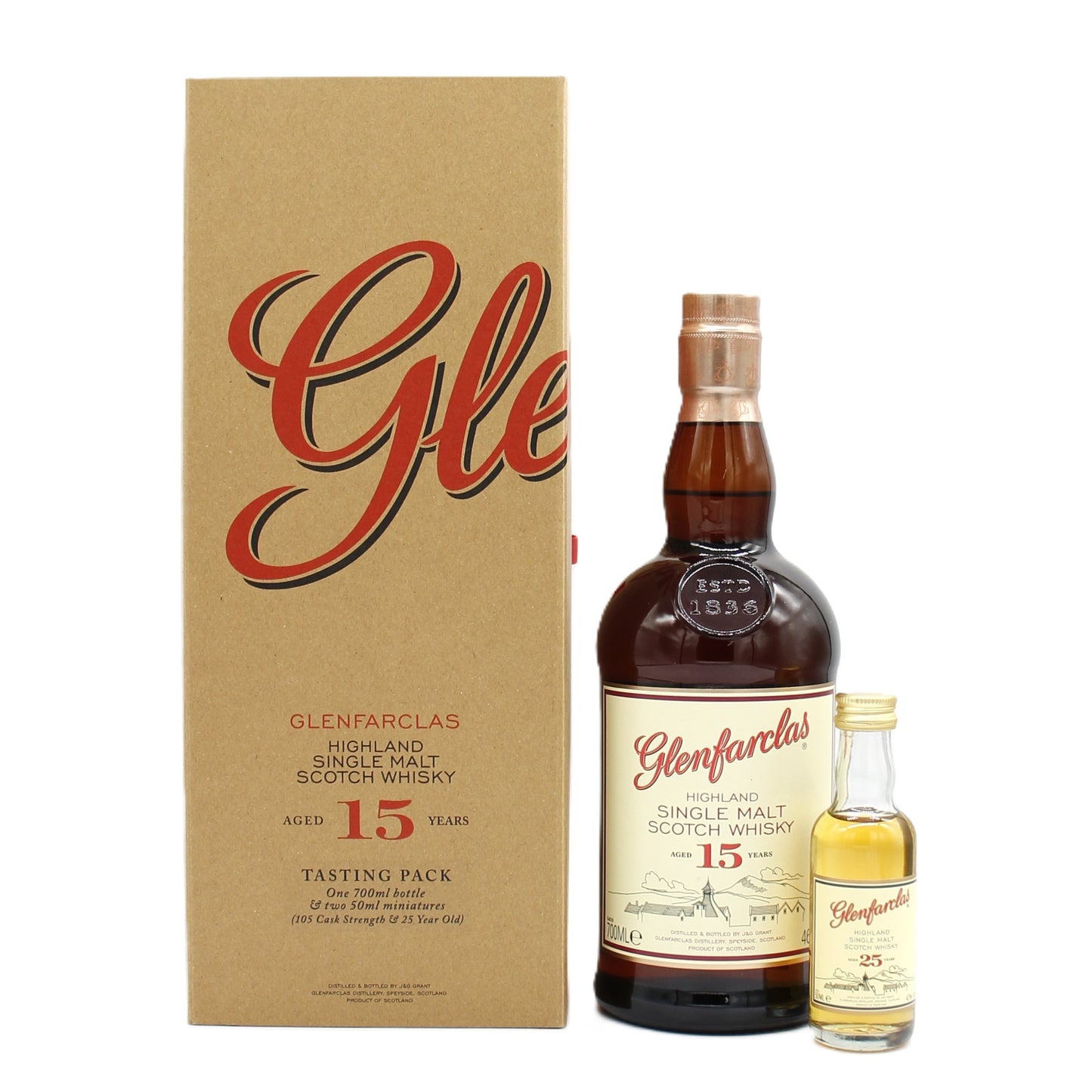 Glenfarclas グレンファークラス ハイランド シングルモルト スコッチ ウイスキー 15年 46% 700ml + 25年 43% 50ml 箱付き ※難有(105カスクストレングス不足)