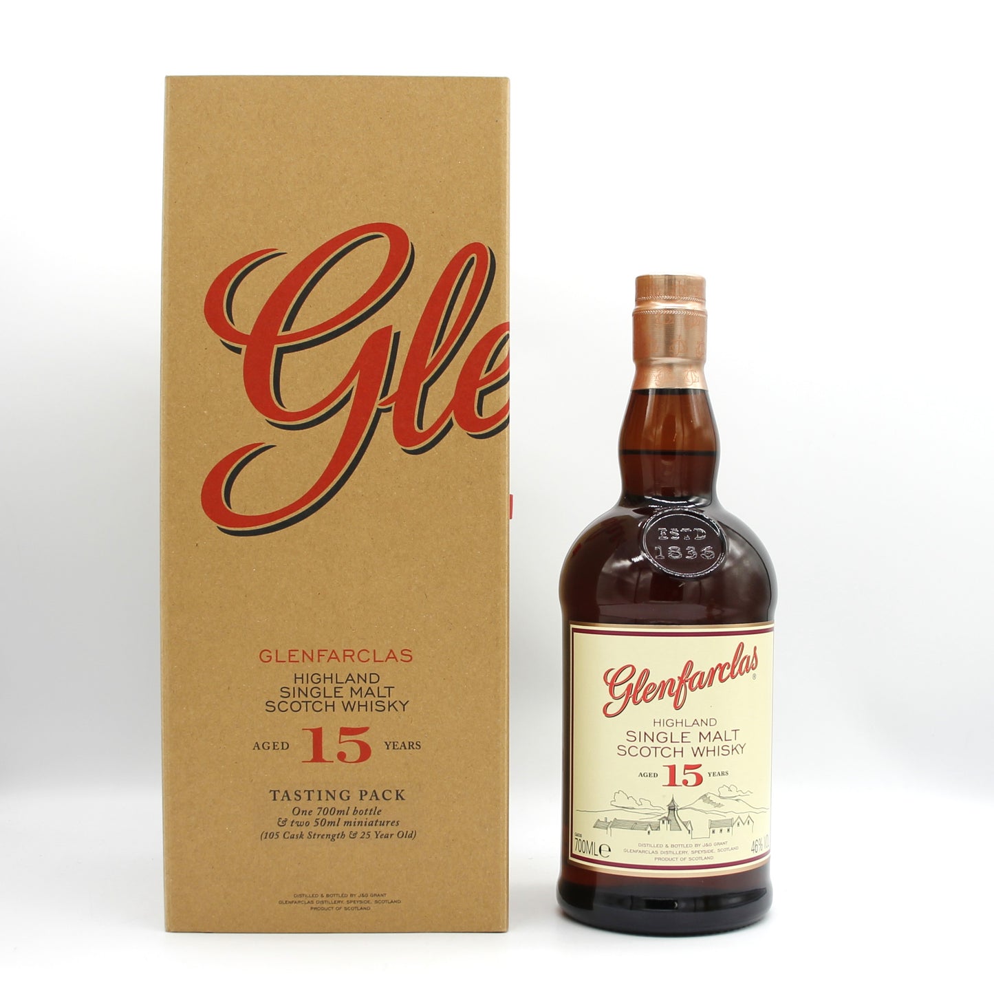 Glenfarclas グレンファークラス ハイランド シングルモルト スコッチ ウイスキー 15年 46% 700ml + 25年 43% 50ml 箱付き ※難有(105カスクストレングス不足)