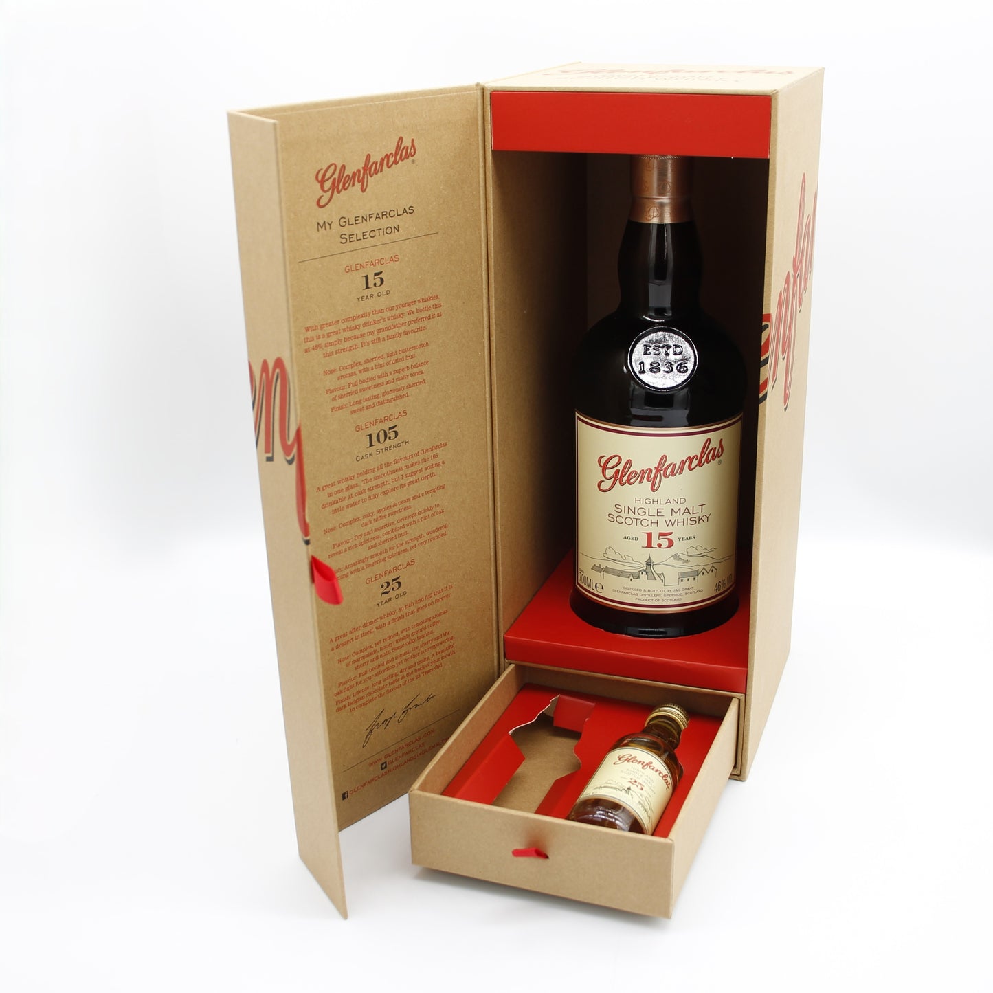 Glenfarclas グレンファークラス ハイランド シングルモルト スコッチ ウイスキー 15年 46% 700ml + 25年 43% 50ml 箱付き ※難有(105カスクストレングス不足)