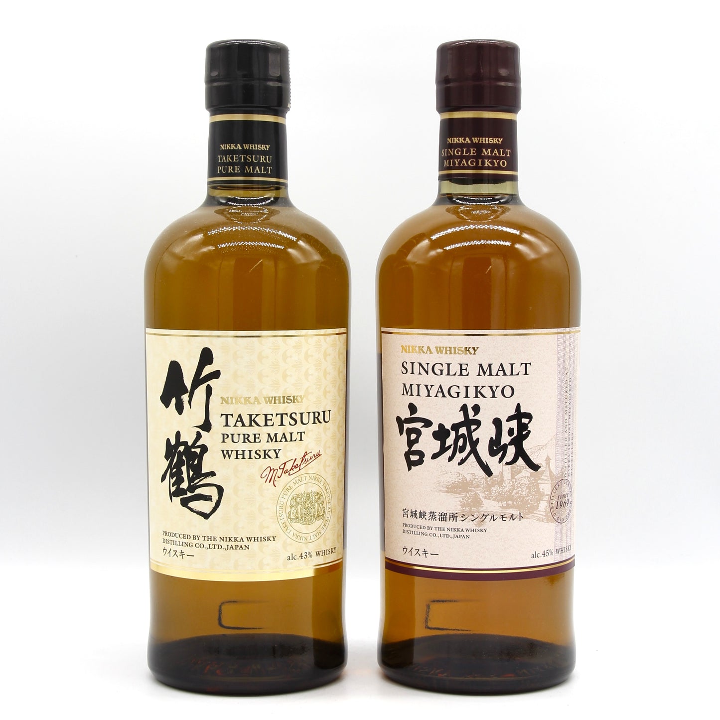 ニッカ ウイスキー シングルモルト 宮城峡 45% 700ml+竹鶴 ピュアモルト 白ラベル 43% 700ml  飲み比べ ２本セット 箱無し