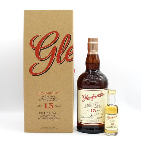 Glenfarclas グレンファークラス ハイランド シングルモルト スコッチ ウイスキー 15年 46% 700ml + 25年 43％ 50ml 箱付き ※難有（105カスクストレングス不足）